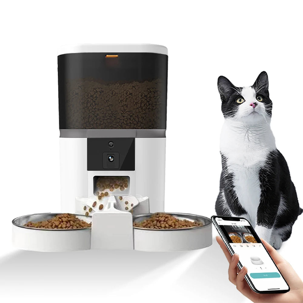 SmartPet 4L Double Meal Feeder: Camera & App-Controlled Automatic Pet Dispenser with Stainless Steel Bowls