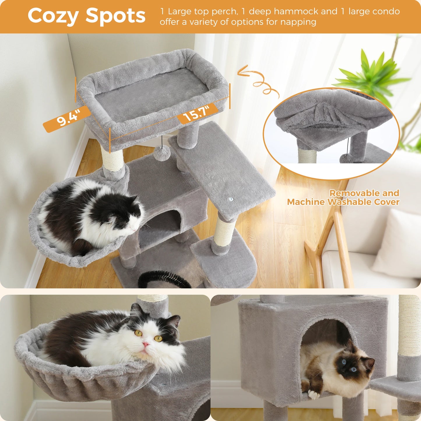 CozyCat Tower: Plush Cat Tree with Hammock, Scratching Posts & Toy