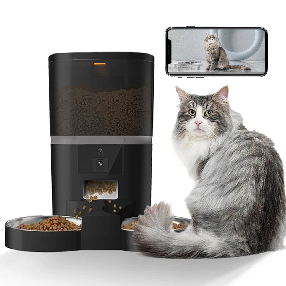 SmartPet 4L Double Meal Feeder: Camera & App-Controlled Automatic Pet Dispenser with Stainless Steel Bowls